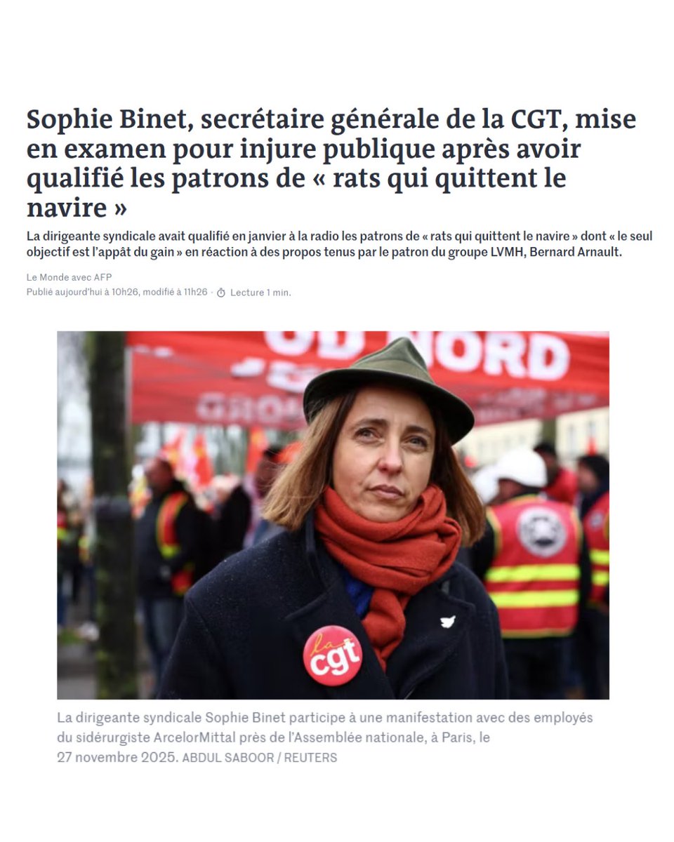 Clemence_Guette's tweet image. Sophie Binet, secrétaire générale de la CGT, est mise en examen pour avoir dit &quot;les rats quittent le navire&quot; à propos des multinationales qui délocalisent.

Ce procès, c&apos;est le Trumpisme à la française.

On poursuit l&apos;opposition, les syndicats, les universitaires, pour les faire…