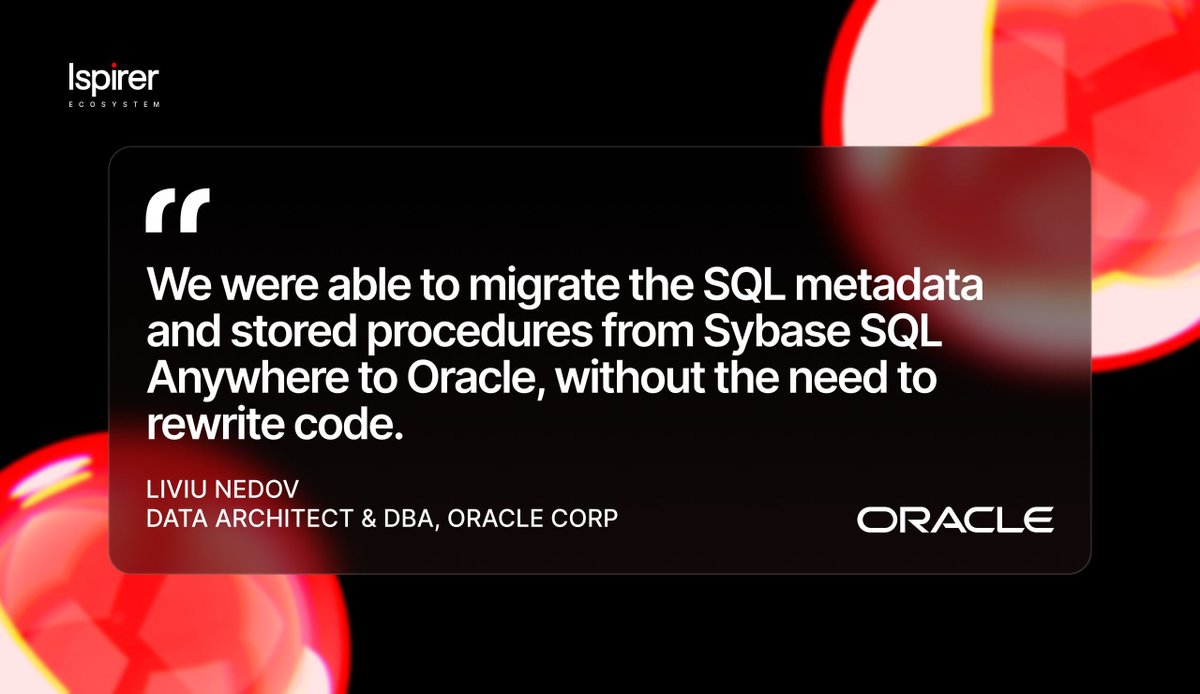 IspirerSystems's tweet photo. Grateful for this recognition! Our client @Oracle has seamlessly migrated a Sybase SQL Anywhere database to its Oracle equivalent using Ispirer SQLWays: https://t.co/SorW1MXxg2. 

#DatabaseMigration #Ispirer #SQLWays https://t.co/nKDEQKDnXG