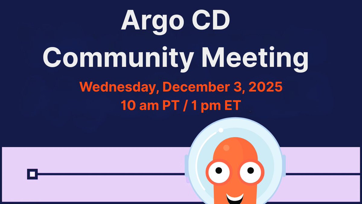 akuityio's tweet image. Tomorrow → the Dec 3 #ArgoCD + Rollouts Community Meeting 🐙

🎙️ @crenshaw_dev (@Intuit) → #AppProject cluster resource name feature

📅 10am PT | Open #GitOps discussion 👥

📝 Agenda: hubs.li/Q03WgQ9q0

🔗 Zoom: hubs.li/Q03WgPYp0

#Kubernetes #DevOps #OpenSource