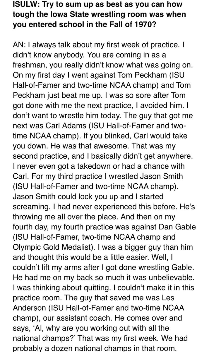I caught up with ISU Hall-of-Famer Al Nacin, the Cyclones' first 4-time All-American wrestler and 1975 NCAA Champ. His story about his first week in practice in the loaded Cyclone wrestling room is an all-timer. 
Q&amp;A: tinyurl.com/24f3dfxh