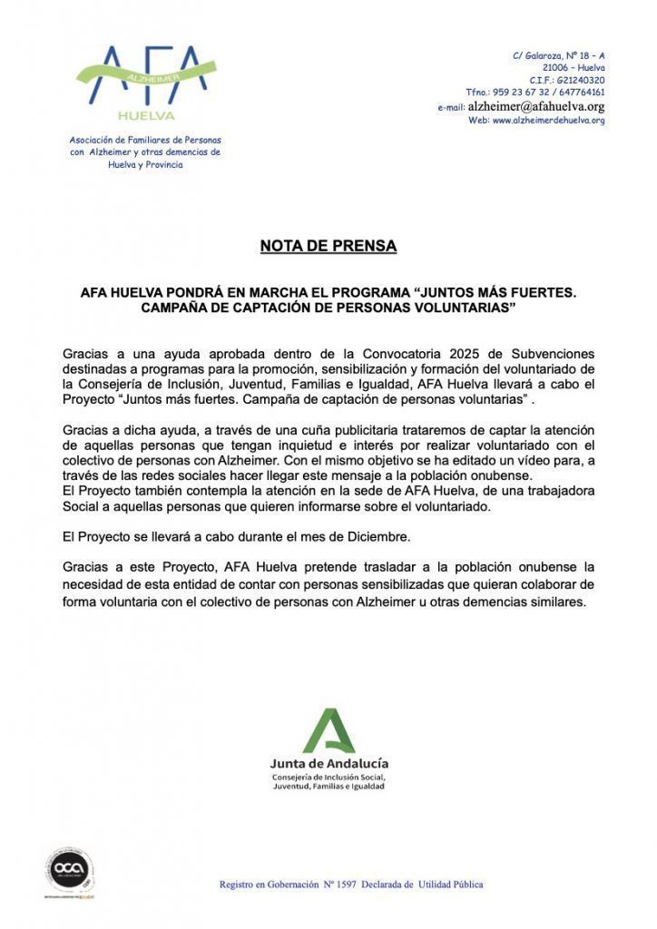 AFA Huelva pondrá en marcha el Programa "Juntos más fuertes.
Campaña de captación de personas voluntarias" 
#Alzheimer #Huelva #Voluntarios #Voluntariado
NOTA DE PRENSA:
afahuelva.es/afa-huelva-pon…