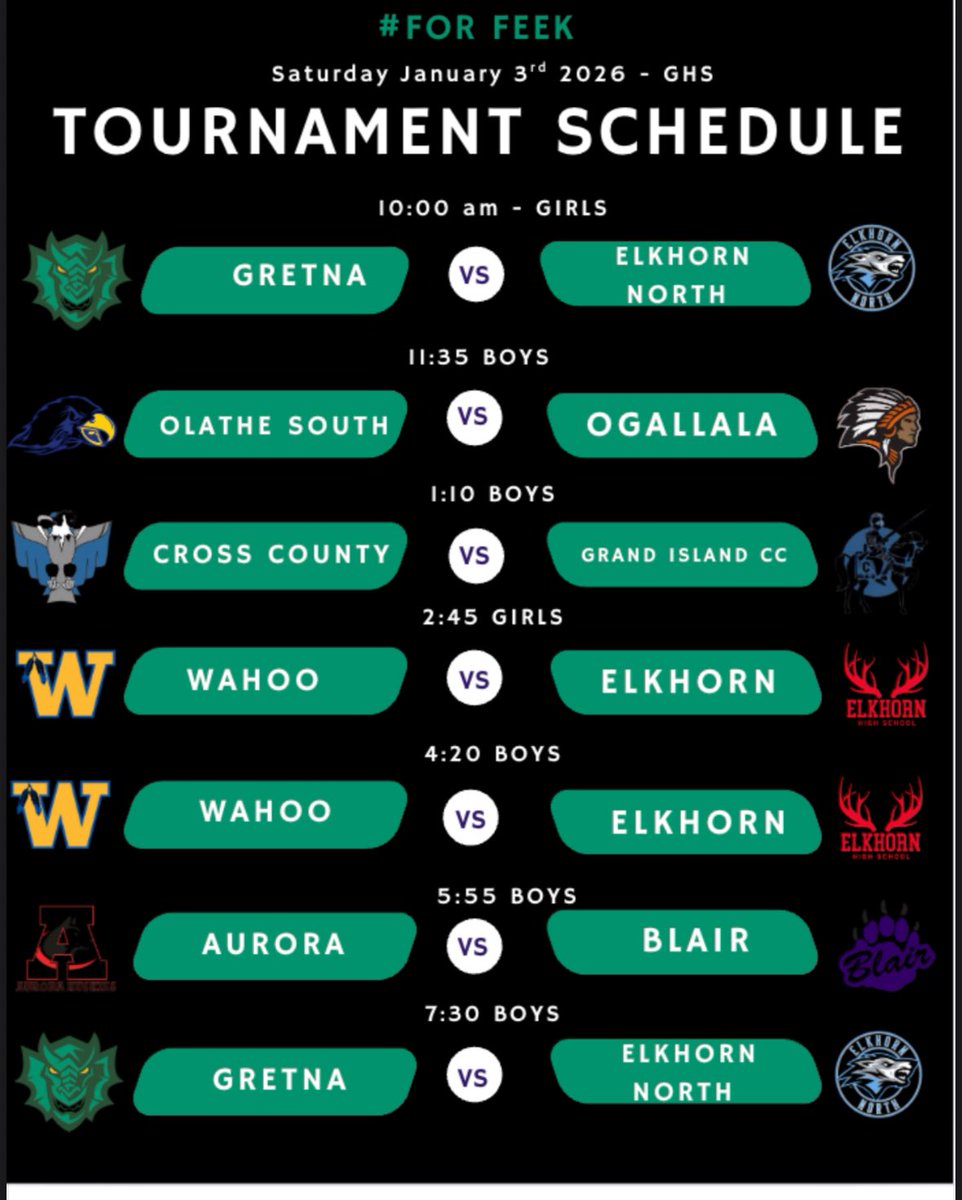 Excited to announce the first ever Hoops For Feek high school tournament on January 3rd! 

7 high school games all day at Gretna high school featuring boys and girls programs from different classes all around the state, and even out of state. <a href="/gretnabball/">Gretna Basketball</a> ❄️🏀
