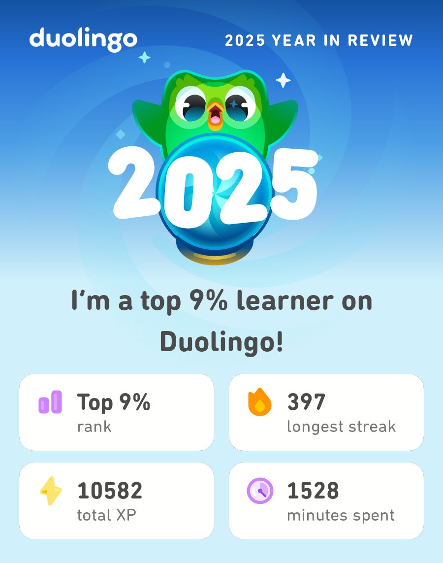 ShaiMidori's tweet photo. My 2025 Duolingo stats are in! How did you do? #Duolingo365 https://t.co/CTG2cgZthw