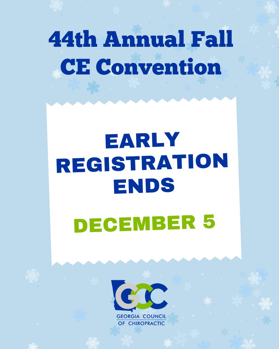 GACouncil's tweet image. Don’t miss your final opportunity to register for online CE hours at our 44th Annual Fall CE Convention, December 12 to 14.
Also last chance to enjoy 10% percent off your registration.

👉gachiropractic.org/upcoming-events

 #GCC #chiropractic #subluxation