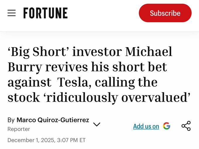Screenshot of a Fortune news article webpage, featuring the magazine's logo in the top left, a red 'Subscribe' button in the top right, the article title in large bold text, byline 'By Marco Quiroz-Gutierrez Reporter', publication date 'December 1, 2025 3:07 PM ET', and social sharing icons at the bottom.