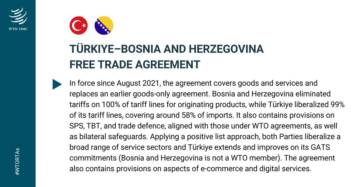 wto's tweet photo. Learn more about the Free Trade Agreement between Türkiye and Bosnia and Herzegovina: https://t.co/tVLDJtyffM #WTORTAs https://t.co/0S8ld7f8FY