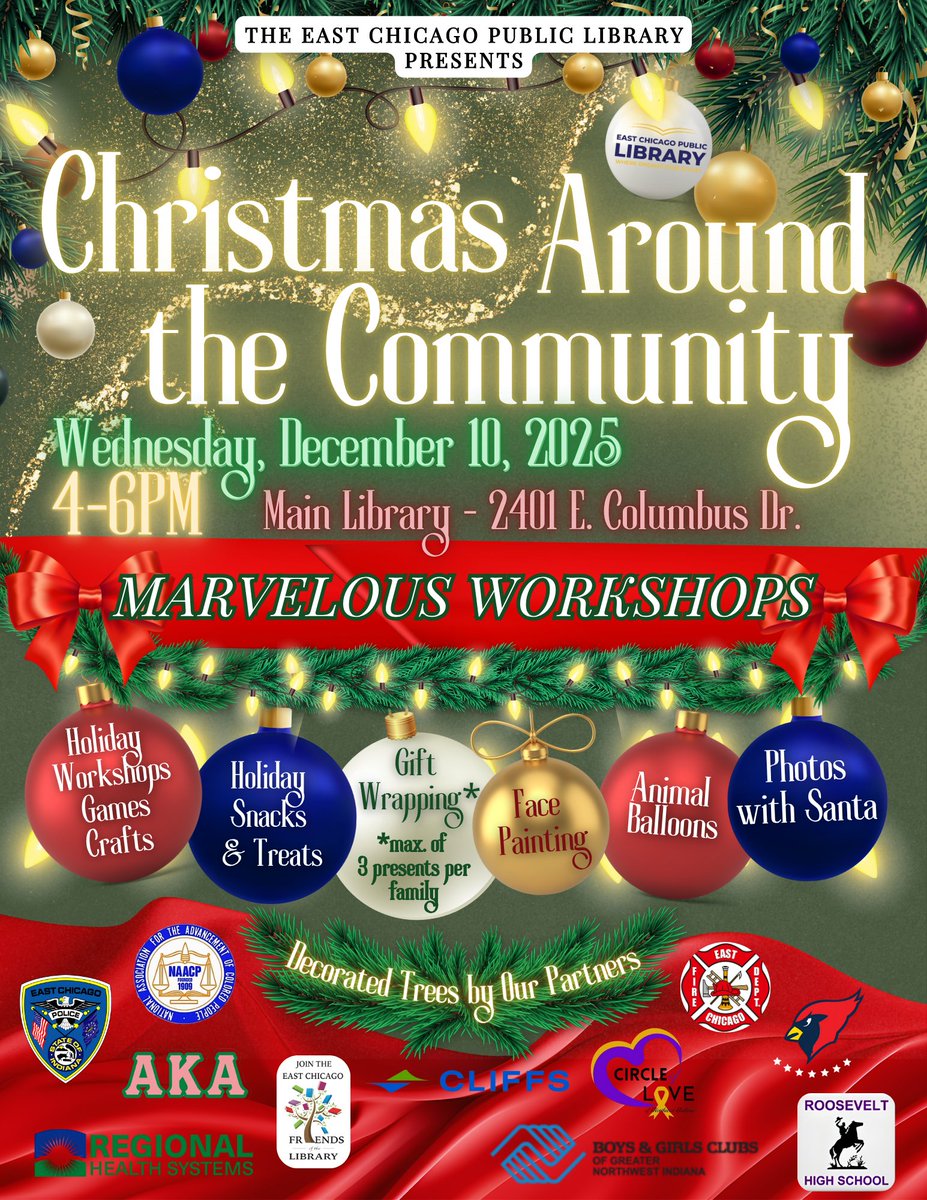 ECPublicLibrary's tweet image. Join us at the Main Library next Wednesday, December 10th from 4-6PM! We will have Marrrrvelous Workshops  and beautifully decorated trees by our organization partners! Bring your family and come enjoy a joyful community celebration at our Christmas event! ❤️🎄

#Christmas2025
