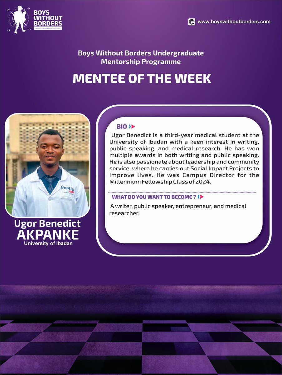 Mentee Spotlight ✨

Meet Ugor Akpanke, last week’s Mentee of the Week from our Undergraduate Mentorship Programme.

Cheers to growth, transformation, and breaking borders, Ugor 🥂. 

#BWBUMP #BWBNG #Mentorship #MenteeoftheWeek
