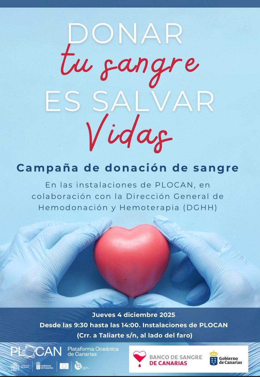 🩸 DONAR ES SALVAR VIDAS 🩸

Este jueves 4 de diciembre, tienes la oportunidad de hacer la diferencia. ¡Tu sangre puede salvar vidas!

🕤 Horario: De 9:30 a 14:00
📍 Lugar: Instalaciones de PLOCAN (Crr. a Taliarte s/n, al lado del faro)

¡Te esperamos!

#DonarEsSalvar #ICTSnews