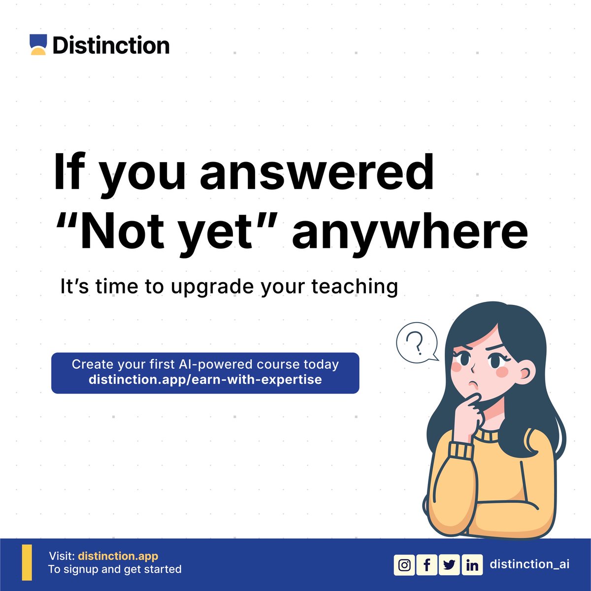 getDistinction's tweet image. Take this quick self-check 👇
How prepared are you for the AI-powered classroom?

If you scored any “Not yet”… it’s time to level up.

Build smarter, teach wider, and start earning from your expertise.

Start here 👉 distinction.app/earn-with-expe…

 #CreateAndEarn #Edu #FlexiSAF