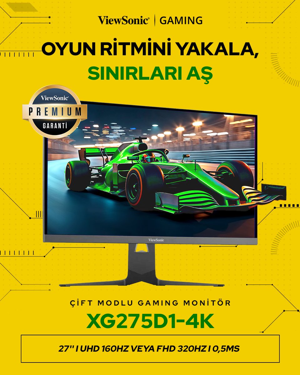 Oyun tarzını sen belirle! XG275-D1-4K, çift moduyla ister UHD 160Hz ister FHD320Hz performansı sunar. 0.5ms tepki süresiyle rekabeti tamamen senin hızına göre şekillendir. ⚡🎮

#ViewSonic #XG275D14K #GamingMonitor"