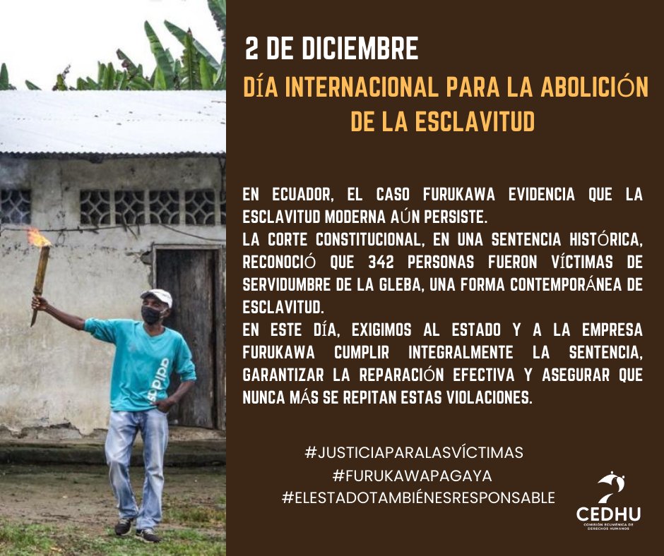 🟤 #2DeDiciembre En el Día Internacional para la Abolición de la Esclavitud, recordamos que este compromiso histórico sigue siendo una tarea pendiente. El caso Furukawa demuestra que la esclavitud no es solo parte del pasado: cientos de familias, incluyendo mujeres, niñas y