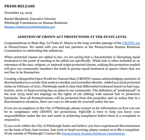 PghCHR's tweet photo. Addition of CROWN Act Protections at the State Level press release https://t.co/cEdwavErrS