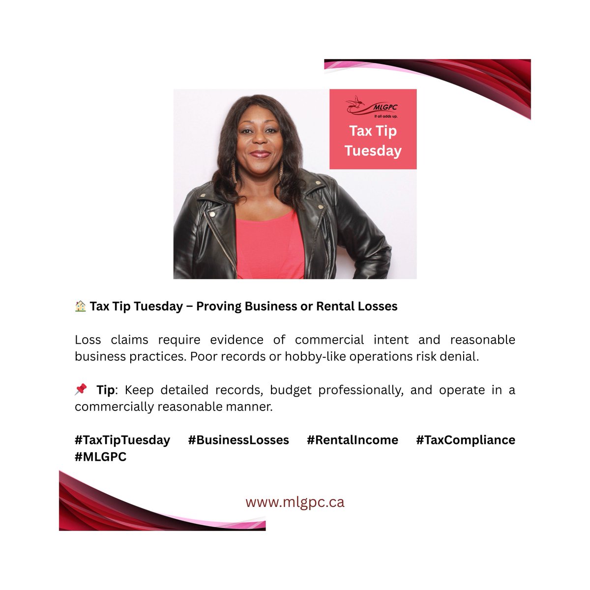 marlenelgrant's tweet photo. 🏡 Tax Tip Tuesday - Proving Business or Rental Losses

🌎 https://t.co/Kk9TjryHVu

#TaxTipTuesday  #BusinessLosses  #RentalIncome  #TaxCompliance  #MLGPC https://t.co/uaMZXCa7aM