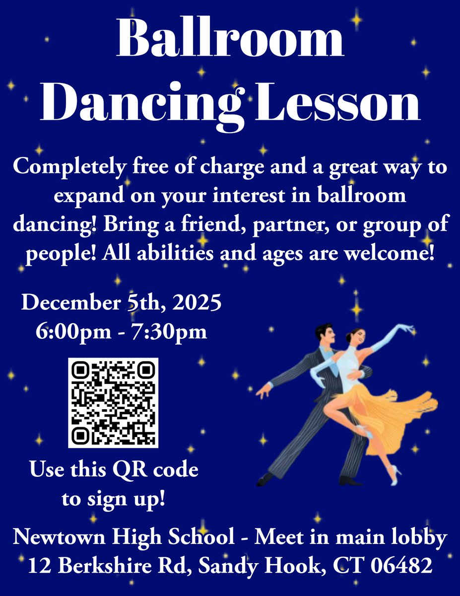NHS_TWEETS's tweet photo. Senior Capstone Project! Ballroom dancing is a fun and engaging way to release stress and connect with others! Take this opportunity for a date night, family fun, or just to try something new! Space is limited to 50 people so sign up using the QR code on the flyer while you can! https://t.co/Ii2hsnJiNO