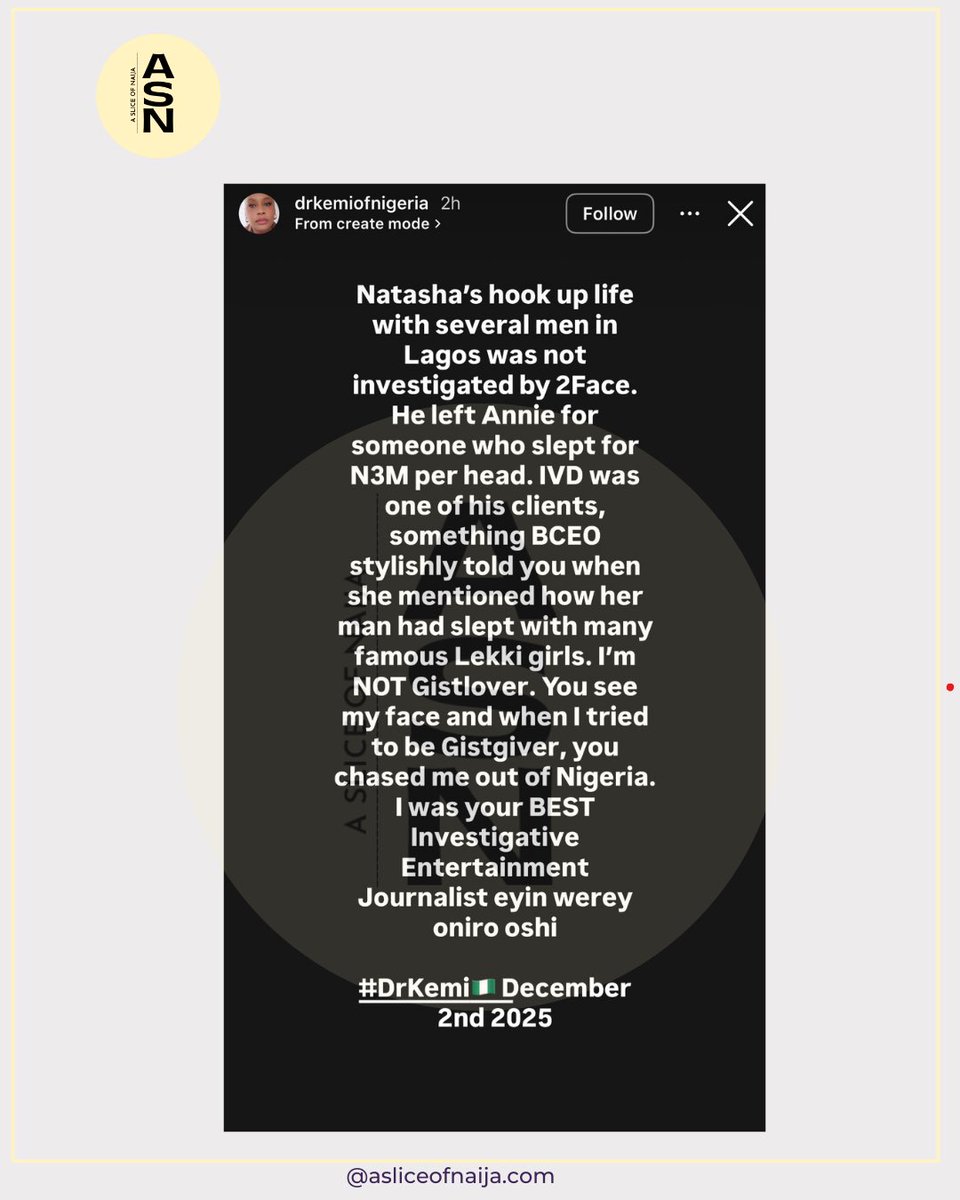 asliceofnaija's tweet image. “2Face is trapped in a useless marriage that is obviously laden with juju” — Investigative Journalist Kemi Olunloyo writes as she makes shocking allegations against 2face’s wife, Hon. Natasha

#2baba #story #kemiolunloyo #Trending