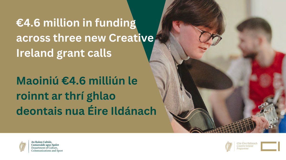 Minister <a href="/podonovan/">Patrick O'Donovan</a> announces €4.6 m in funding across 3 new <a href="/creativeirl/">Creative Ireland</a> grant calls

Maoiniú €4.6 m le roinnt ar 3 ghlao deontais nua Éire Ildánach fógartha ag an Aire O'Donovan.
bit.ly/4opOLPx