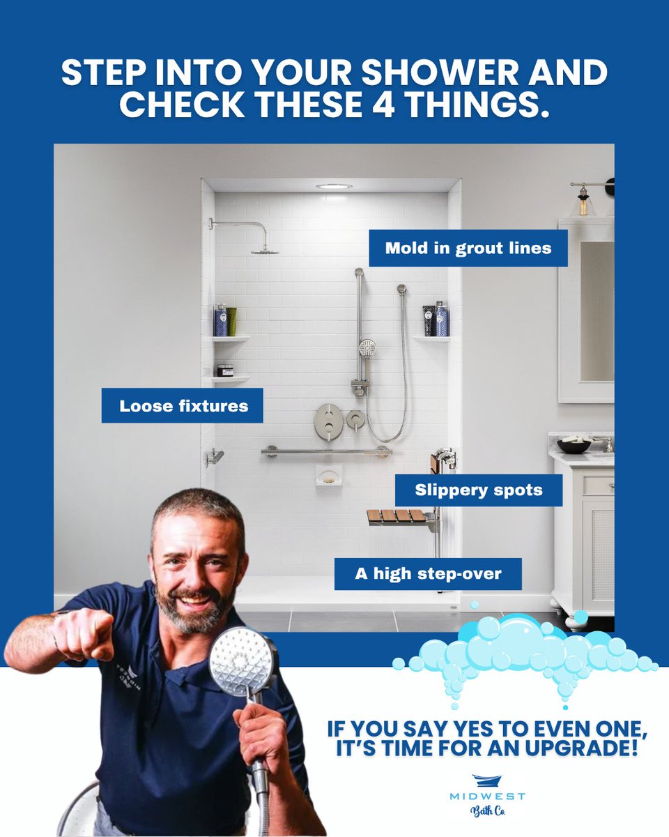 midwestbathco's tweet photo. Step into your shower and check these 4 things. If you say YES to even one, it might be time for an upgrade:
✔️ Slippery spots (a major safety risk)
 ✔️ Mold in grout lines that keep coming back
 ✔️ Loose fixtures or wobbly grab bars
 ✔️ A high step-over that’s getting harder each year
 
If you’re noticing these signs, Midwest Bath can help you transform your space quickly, beautifully, and built to last.
📞 Call 888-838-7138 or visit https://t.co/JztU8Yj17D to schedule your FREE consultation today!

#MidwestBath #ShowerTest  #BathUpgrade #OneDayRemodel