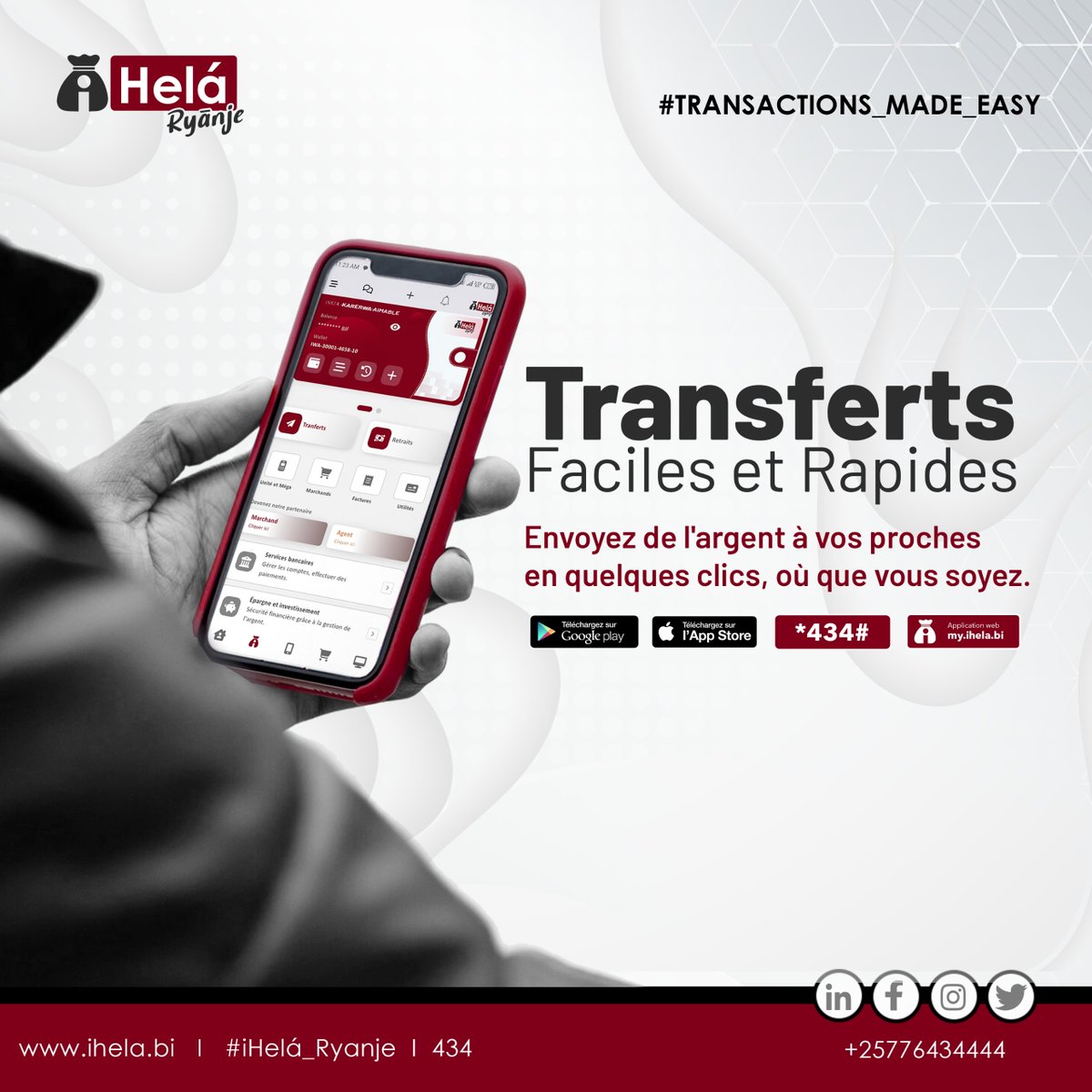 Vous en avez assez de faire file au guichet ?
📱Effectuez vos transferts facilement avec l’application iHela Ryanje.
Envoyez votre argent vers :
 ✅ Les comptes en banques et microfinances du pays
 ✅ Lumicash, Ecocash, Bancobu eNoti, IBBM+
C’est simple, rapide et sécurisé. 💳✨