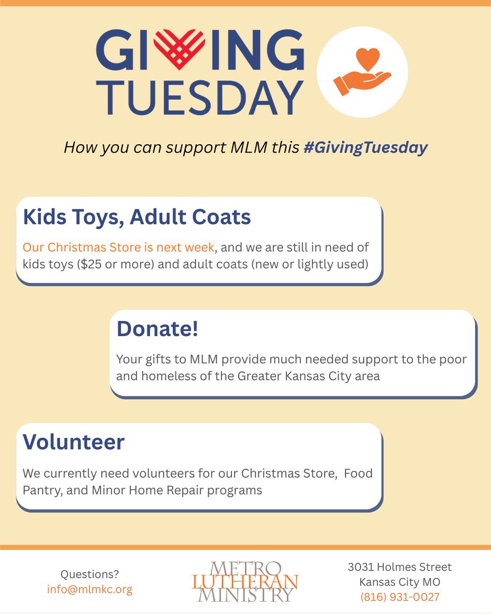 Support MLM this #GivingTuesday by contributing to our Christmas Store, a general Donation, or signing up to Volunteer. Click the link below to be a part of this day of giving!

 mlmkc.org/news/giving-tu…