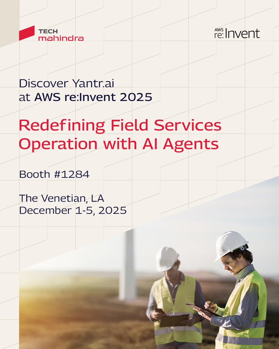 tech_mahindra's tweet image. We are LIVE at AWS re:Invent 2025 in Las Vegas!

Discover how @tech_mahindra is transforming field service management with next-generation AI-powered solutions. Yantr.ai delivers end-to-end visibility, #AI-driven decision-making, and a cognitive supply chain,…
