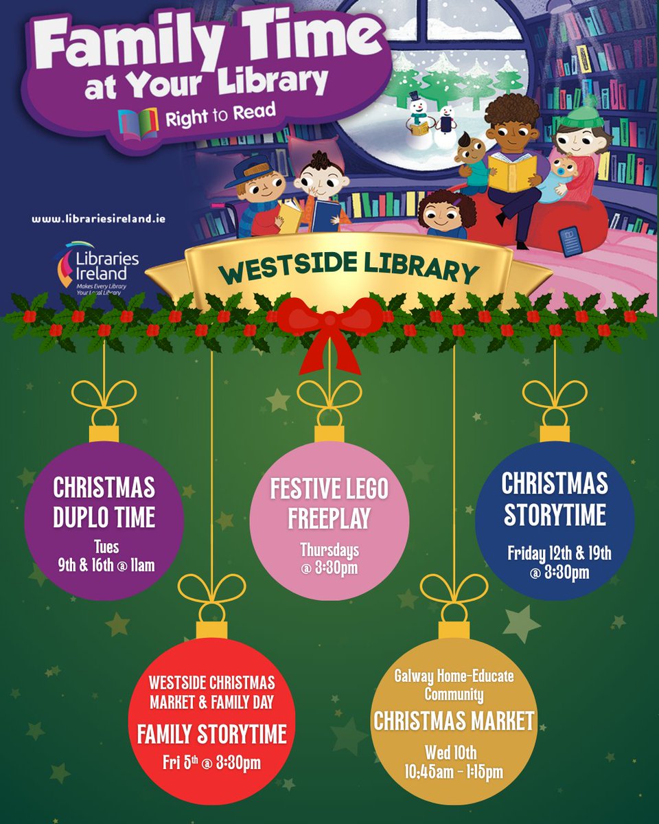 westsidelib's tweet photo. 🎄✨ We've lots of great FREE events this December for #FamilyTimeAtYourLibrary!

🎊Christmas Duplo Time - Dec 9 &amp; 16 @ 11pm
❄️LEGO Freeplay - Thursdays @ 3:30pm
🎁Christmas Storytime - Dec 5, 12 &amp; 19 at 3:30pm .
☃️Galway Home-Ed Community Christmas Market - Dec 10 @ 10:45am https://t.co/72qrtv0MEk