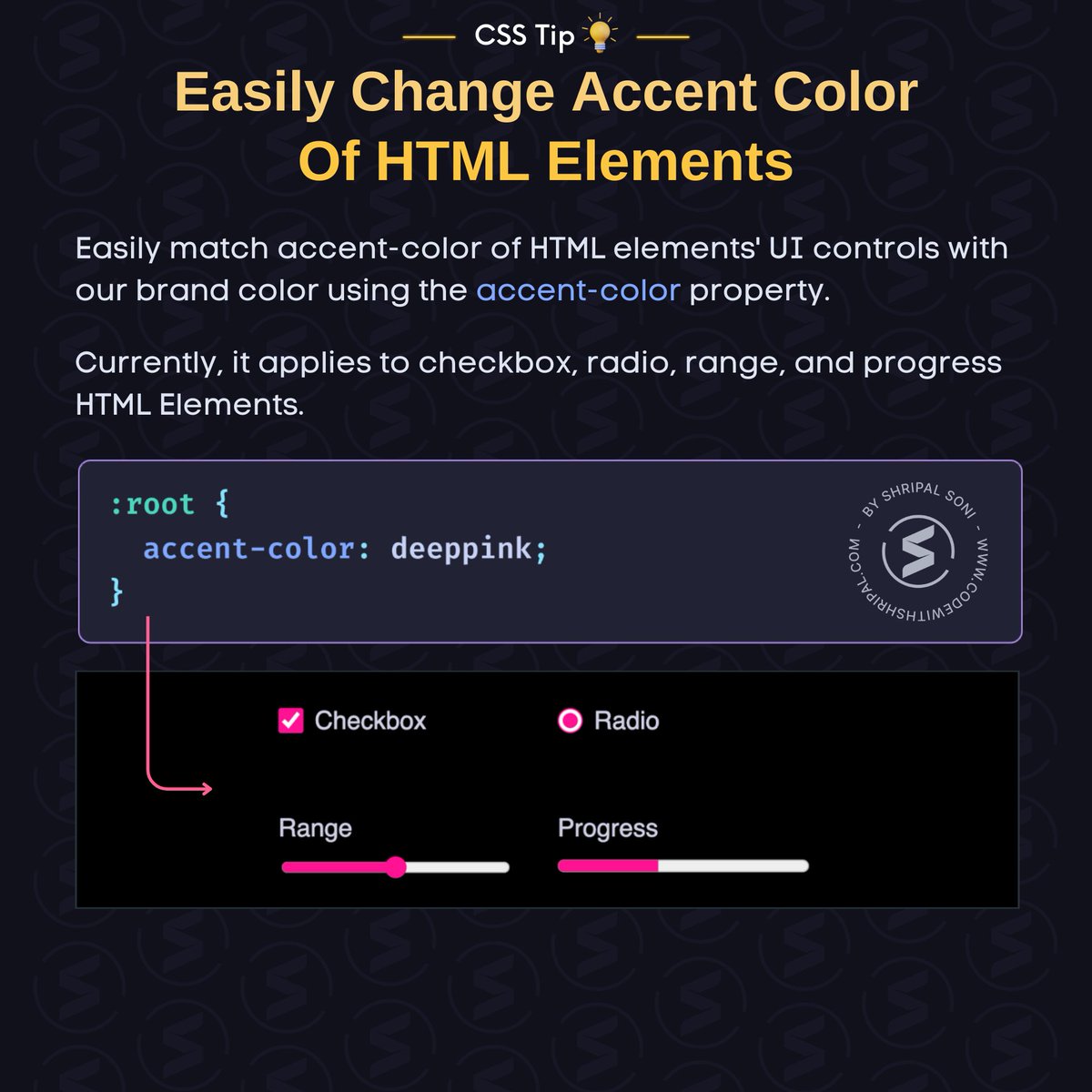 codewithshripal's tweet image. Easily change the accent color of HTML elements to match your brand using CSS accent-color 🤩👇