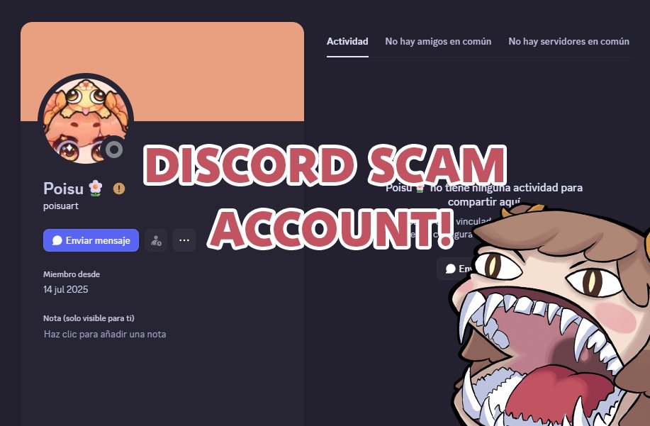 Poisuart's tweet photo. ⚠️ Hi everyone! Important info ↓⚠️
Someone is pretending to be me on Discord! Please be careful and don’t send any payment, info or files to this or any account. My discord is "Poisu" (no numbers or symbols) they are using poisuart with my pfp and info.
If someone contacts you claiming to be me, please ignore it. I only reach out through the platform you commissioned me on.
Thank you so much to Poseidon1 for the warning 🩷