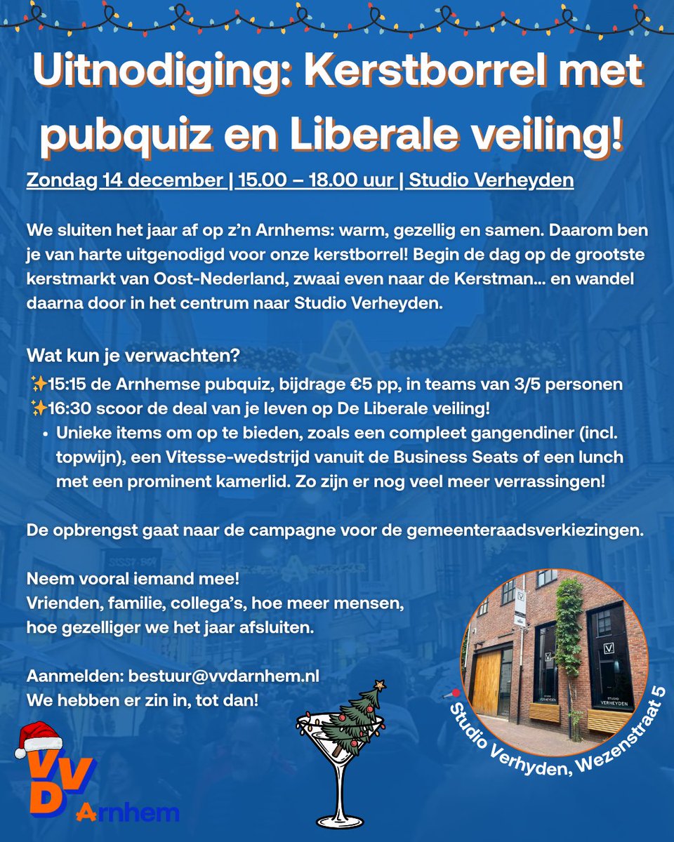 ✨ Zin in een gezellige afsluiter van het jaar? Kom naar onze kerstborrel met pubquiz en de Liberale veiling op 14 december! 🎄

Neem iemand mee en geniet samen van een warme, Arnhems gezellige middag. Meld je aan via bestuur@vvdarnhem.nl 
We zien je daar!🤩

#VVD #Arnhem