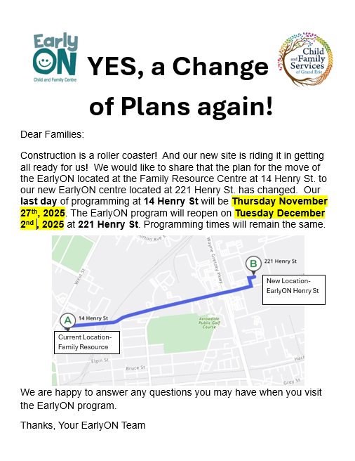Today's the day! Our EarlyON friends are reopening programming at their new site, 221 Henry Street. Be sure to contact them at 519-759-3330 or childcareservices@brantford.ca if you need more information. #childdevelopment #Brantford