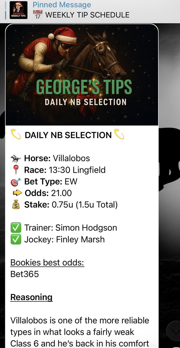 GeorgesTipsHQ's tweet image. WHAT A DAY!!!!

Both horse tips in VIP have landed 🎄

✅ Nap - Staffordshire Knot @ 1.80
✅ NB - Villalobos @ 20/1 (BOG) 

Come join a fantastic community 

Join the fastest-growing, data-backed VIP tipping channel on Telegram today!

👉 t.me/GeorgesVIPBot