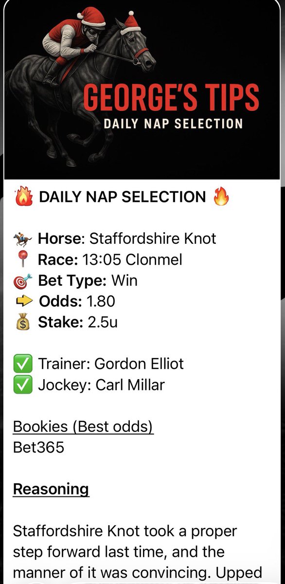 GeorgesTipsHQ's tweet image. WHAT A DAY!!!!

Both horse tips in VIP have landed 🎄

✅ Nap - Staffordshire Knot @ 1.80
✅ NB - Villalobos @ 20/1 (BOG) 

Come join a fantastic community 

Join the fastest-growing, data-backed VIP tipping channel on Telegram today!

👉 t.me/GeorgesVIPBot