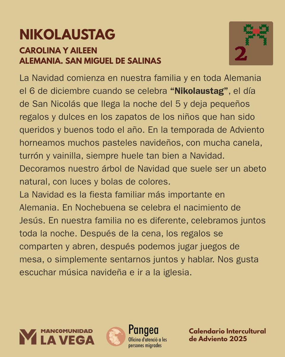 Día 2: Carolina y Aileen de San Miguel, nos cuentan cómo se celebra la Navidad en Alemania 🇩🇪  donde las navidades comienzan el 6 de diciembre con la llegada  de San Nicolás. También recuerdan los olores y sabores que caracterizan  estas especiales fechas en su país de origen