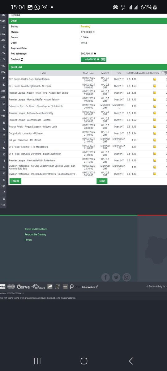 woozzaabets's tweet image. Mid Week Favourites 1-UP Bankers🔥Second Half Over 0.5 or 1-3 Goals 🔥
X or Over 2.5 Goals Combinations 🔥 
 
GRAND AUDIT INCOMING 🍻

📌  1️⃣0️⃣+ 1️⃣0️⃣+  2️⃣0️⃣0️⃣+ Odds 

Codes  👇 #Bet9jaCode

3RBHNWD  3RBGT9T  3RBFQBP 

Bookie  @Bet9jaOfficial 

Not on ?

Register &amp;amp;  Play 👇…