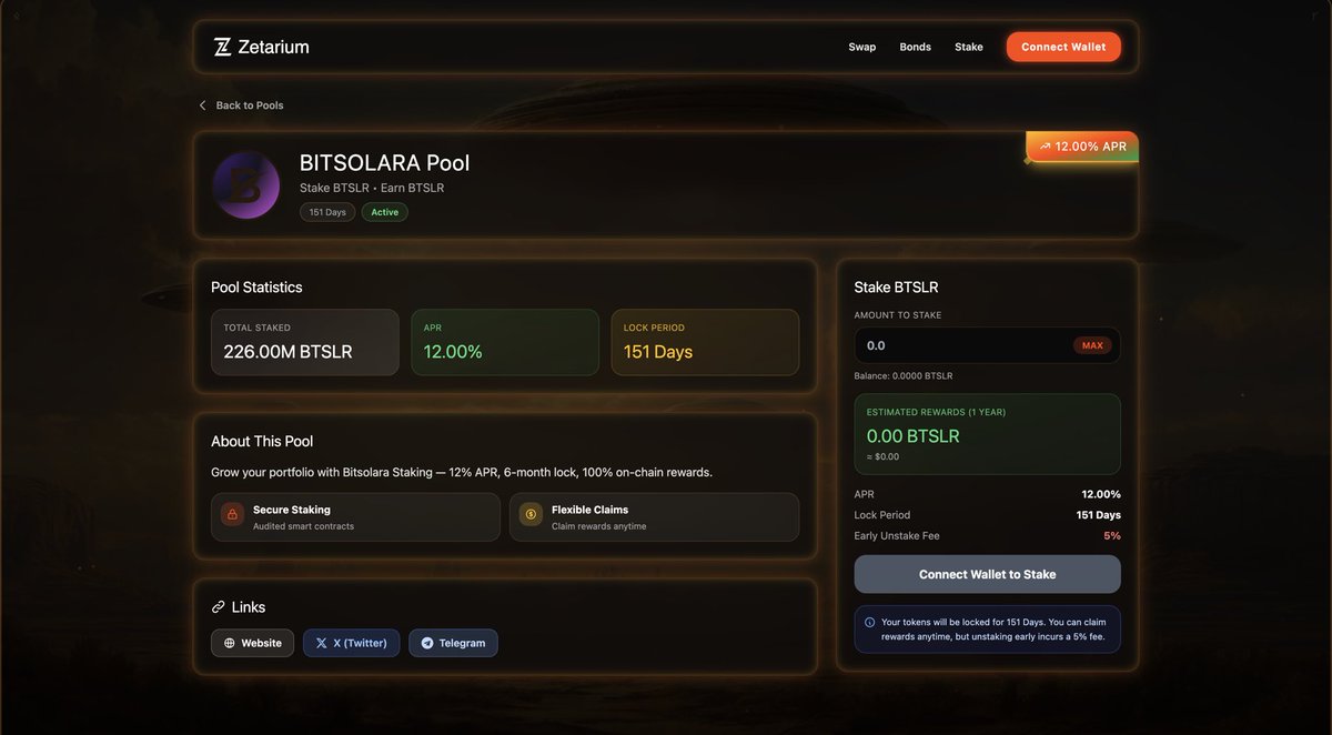 bitsolara's tweet image. Hello Everyone,

You can now safely stake the $BTSLR Token on the #Zetarium platform.

Currently, more than 200M $BTSLR Tokens have been staked. You can stake yours with 12% APR using the link below. 👇

zetarium.world/staking/pools/1

Very soon, you will also be able to perform Bond…