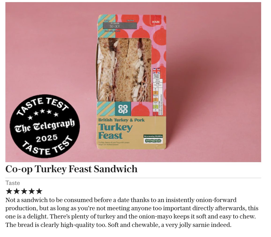 StuartReaks's tweet photo. A very jolly sarnie indeed 🎅 Don't just take our word for it though! The @coopuk Christmas sandwich range is not to be missed ⭐ https://t.co/wdlAYfq0fd
