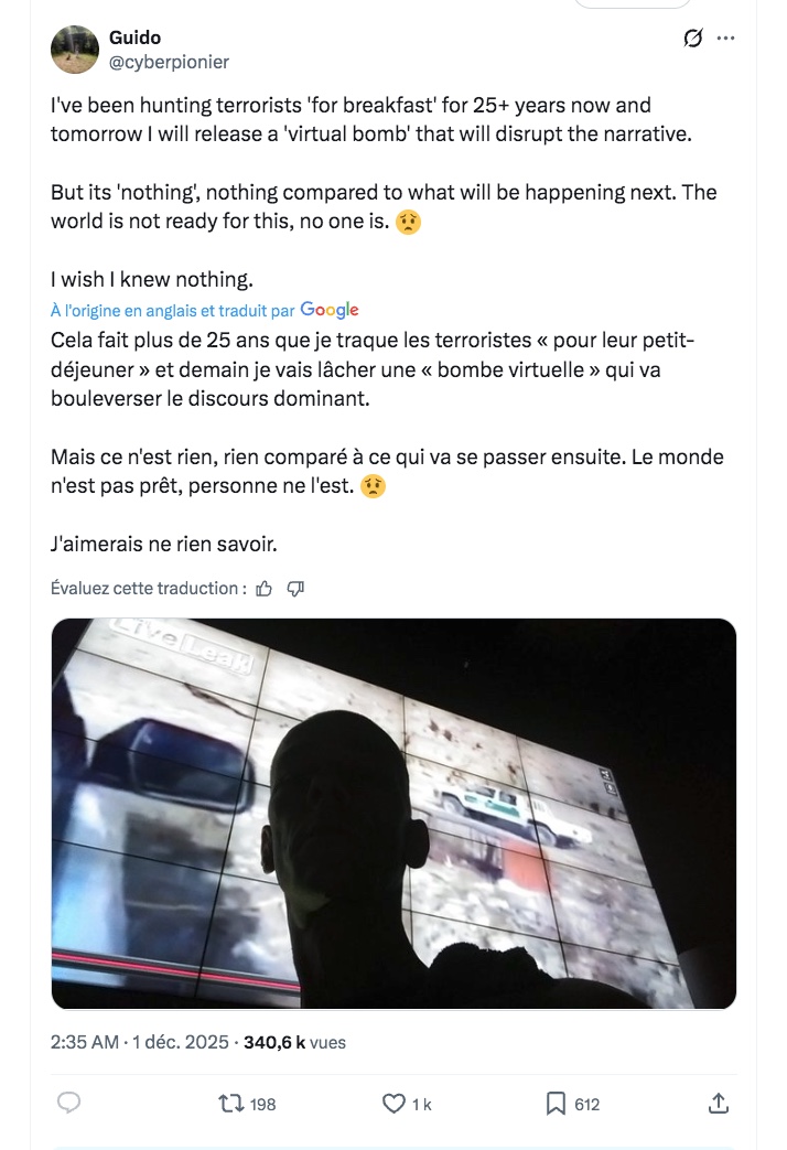 denisedetralala's tweet photo. Le 1er décembre 2025, en fin d’après-midi, #Sarah_Adams (#TPASarah) a partagé l’annonce d’une « bombe virtuelle », qui allait être lâchée par #Guido_Blaauw (compte #cyberpionier), censée « bouleverser le discours dominant » (sic). https://t.co/5uCswxHEjI