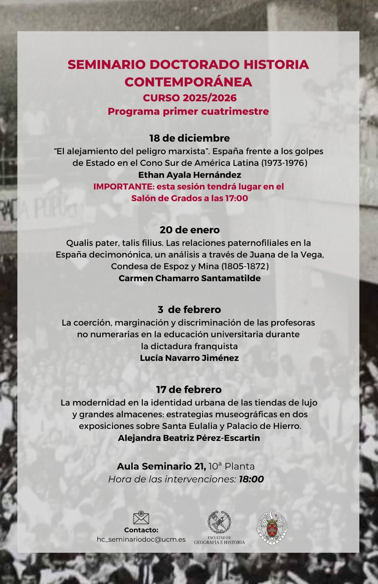 UCM_dhmyc's tweet image. 👉 En dos semanas se inaugura el Seminario de Doctorado en Historia Contemporánea, en el que sus estudiantes mostrarán sus avances en sus respectivas tesis. 📖🙇‍♀️