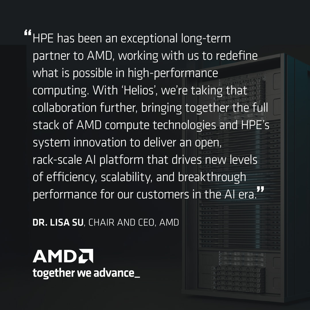 AMD's tweet image. Big news from #HPEDiscover Barcelona: @HPE becomes one of the first OEMs to adopt the AMD Helios, our open, full-stack AI architecture built for massive AI workloads. Together, we are accelerating how customers deploy next gen AI systems at scale. 

👉 Read more about Helios,…