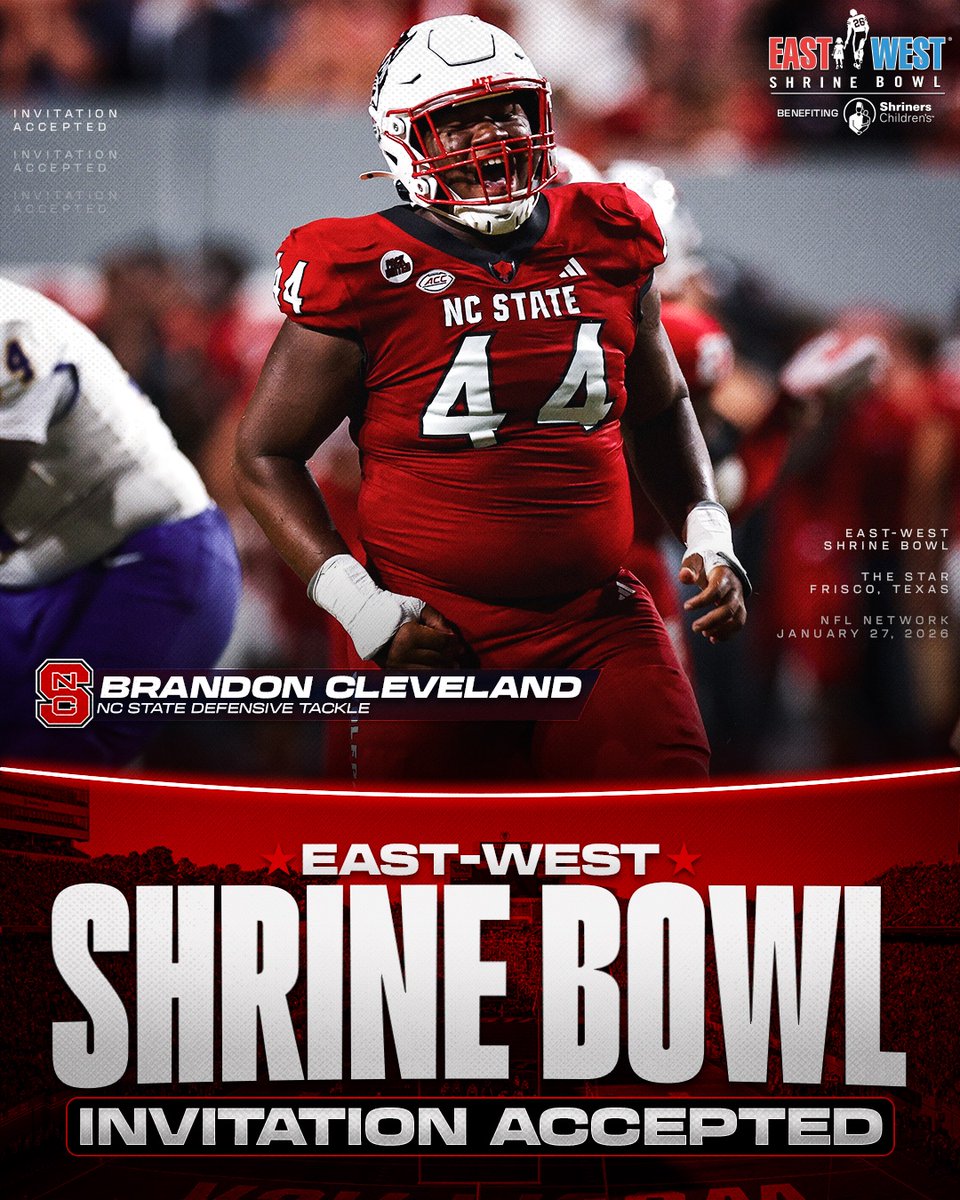 Invitation Accepted

<a href="/PackFootball/">NC State Football</a> DT Brandon Cleveland (<a href="/brandonvibes25/">Brandon Cleveland</a>) has officially accepted his invite to the East-West Shrine Bowl! 🐺

#1Pack1Goal | #ShrineBowlWHOSNEXT 😎