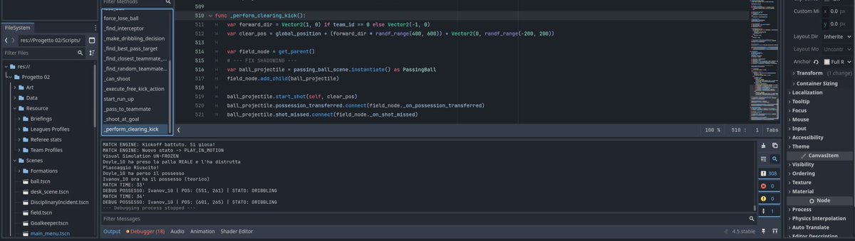 braghientertain's tweet photo. We didn't catch the glitch on camera, but here is the 'fix': the new _perform_clearing_kick() function. It literally forces him to look for a teammate instead of shooting blindly at the goal from 100 meters away.
Coding AI is basically parenting strict rules. 👨‍💻
#IndieDev #Godot https://t.co/i5lEzT6n83