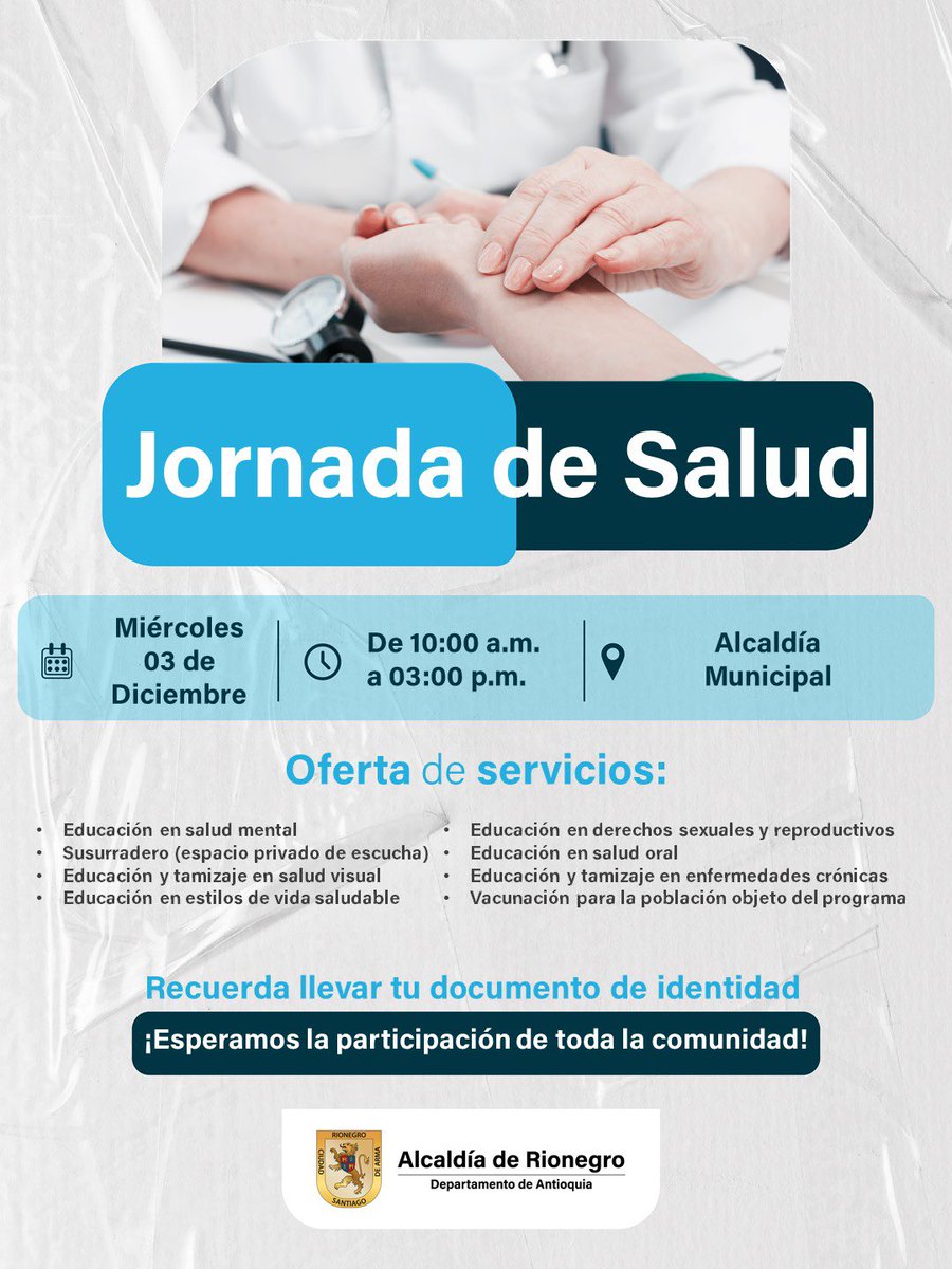 Te esperamos este 🗓️ miércoles 03 de diciembre en la📍Alcaldía Municipal, de 🕣 10:00 a.m. a 3:00 p.m. en nuestra Jornada de Salud. 🩺

Tendremos una amplia oferta de servicios para que cuides de ti con: salud mental, 🧠 salud visual, 👀 salud oral, 🦷 y muchos servicios más. 💙