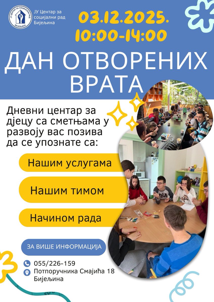 🌟 ДАН ОТВОРЕНИХ ВРАТА – Дневни центар за дјецу са сметњама у развоју 🌟

Позивамо вас да нас посјетите у сриједу, 03.12.2025. године, у термину од 10:00 до 14:00 часова, и упознате се са радом нашег Центра.

Ово је идеална прилика да сазнате више о:
✨ Нашим постојећим услугама
