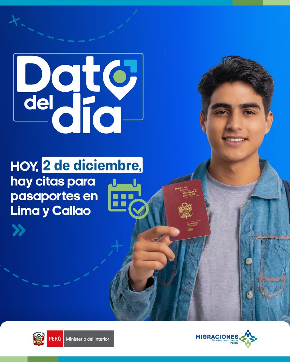MigracionesPe's tweet image. 📝 #DatoDelDía | ¡Atención usuario! Hoy, 2 de diciembre, contamos con disponibilidad de citas para el pasaporte electrónico en nuestros siguientes puntos de atención en #Lima y #Callao:

📍C.C. Mall Aventura Plaza Santa Anita
✅@CentrosMAC Lima Este (1/3)