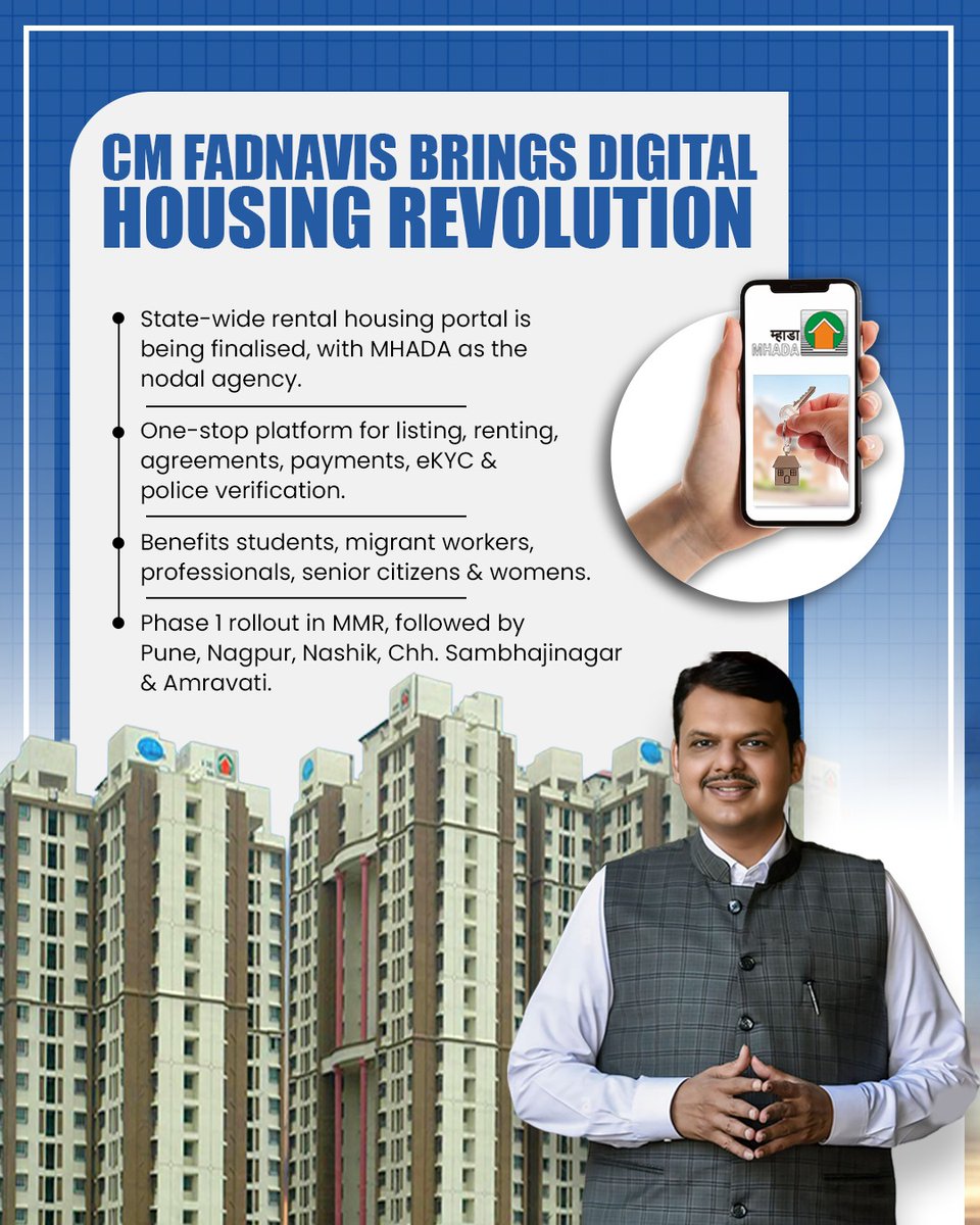 ThePerilousGirl's tweet image. Revolutionising rental housing in Maharashtra! 🏠📱

Kudos to CM @Dev_Fadnavis ji for launching a state-wide digital rental portal by MHADA!

✅ One-stop platform: listing, agreements, payments, eKYC &amp;amp; police verification
✅ For students, migrants, women &amp;amp; seniors
✅ Phase-1:…