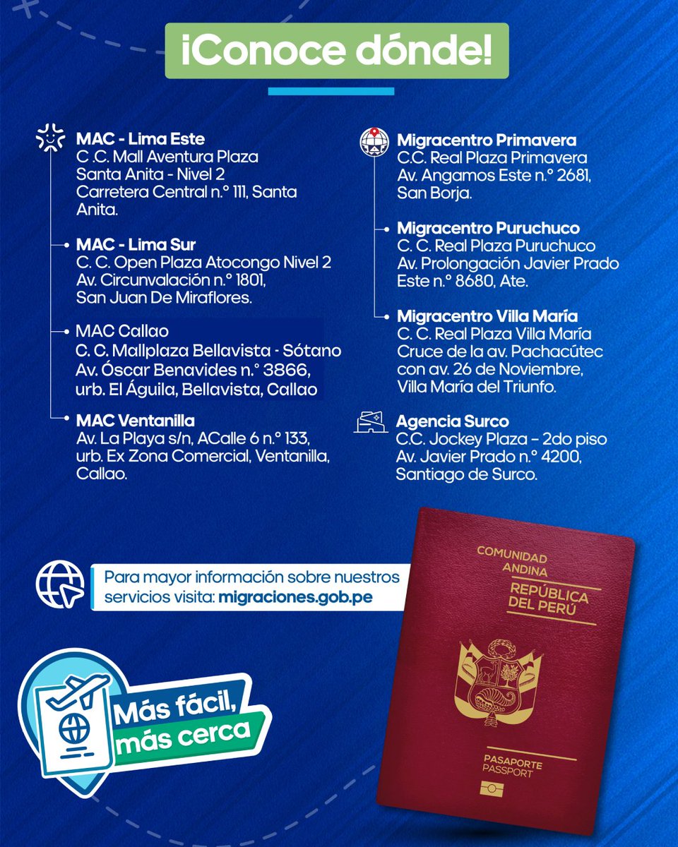 MigracionesPe's tweet image. 📝 #DatoDelDía | ¡Atención usuario! Hoy, 2 de diciembre, contamos con disponibilidad de citas para el pasaporte electrónico en nuestros siguientes puntos de atención en #Lima y #Callao:

📍C.C. Mall Aventura Plaza Santa Anita
✅@CentrosMAC Lima Este (1/3)