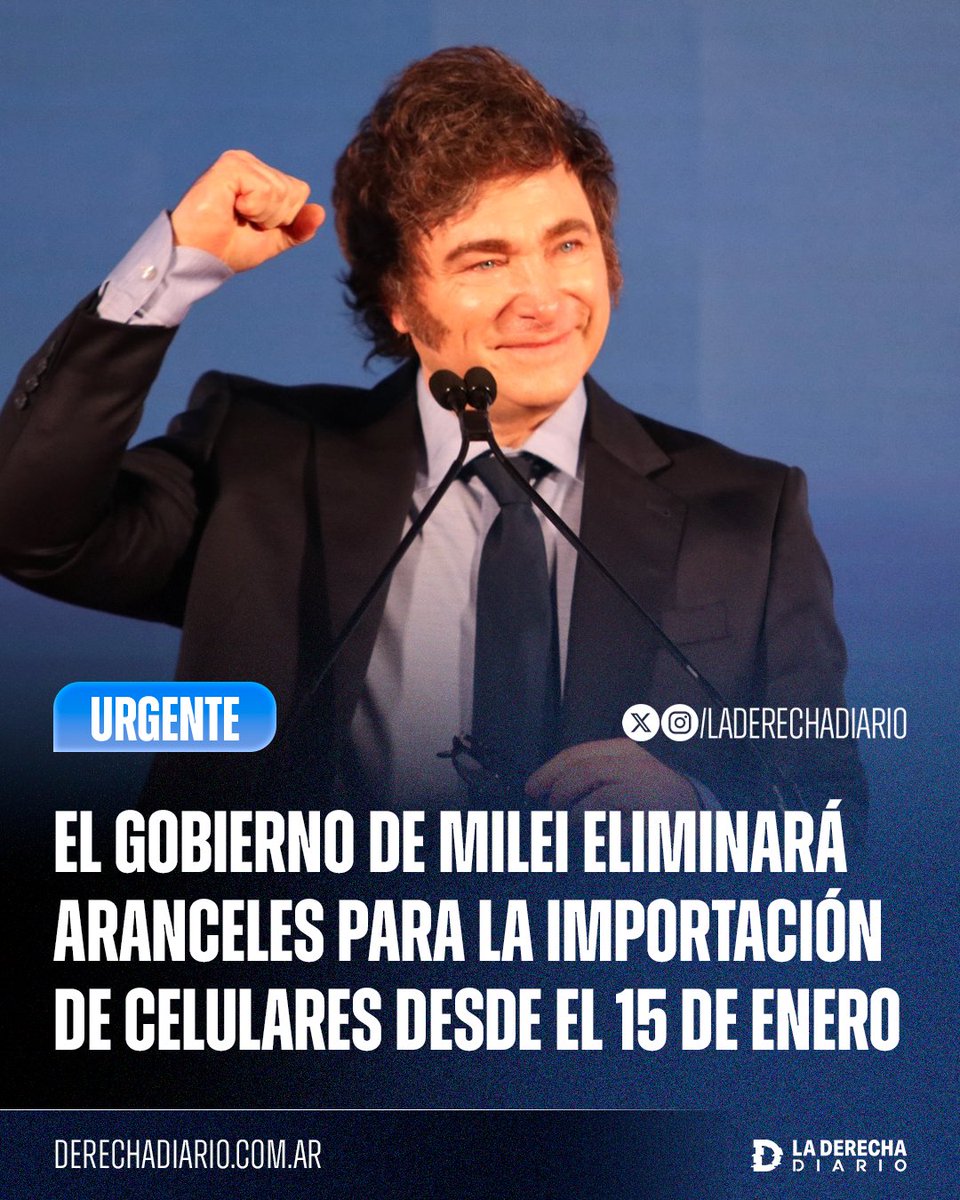 laderechadiario's tweet image. 🚨🇦🇷 | MILEI BAJA IMPUESTOS: El Gobierno eliminará aranceles para la importación de productos tecnológicos a partir del 15 de enero:

• Celulares: Del 8% al 0%.
• Consolas: 35% a 20%.
• Impuestos internos para aires, TVs, monitores: 19% a 9,5%.
• Ensamblado en Tierra del…
