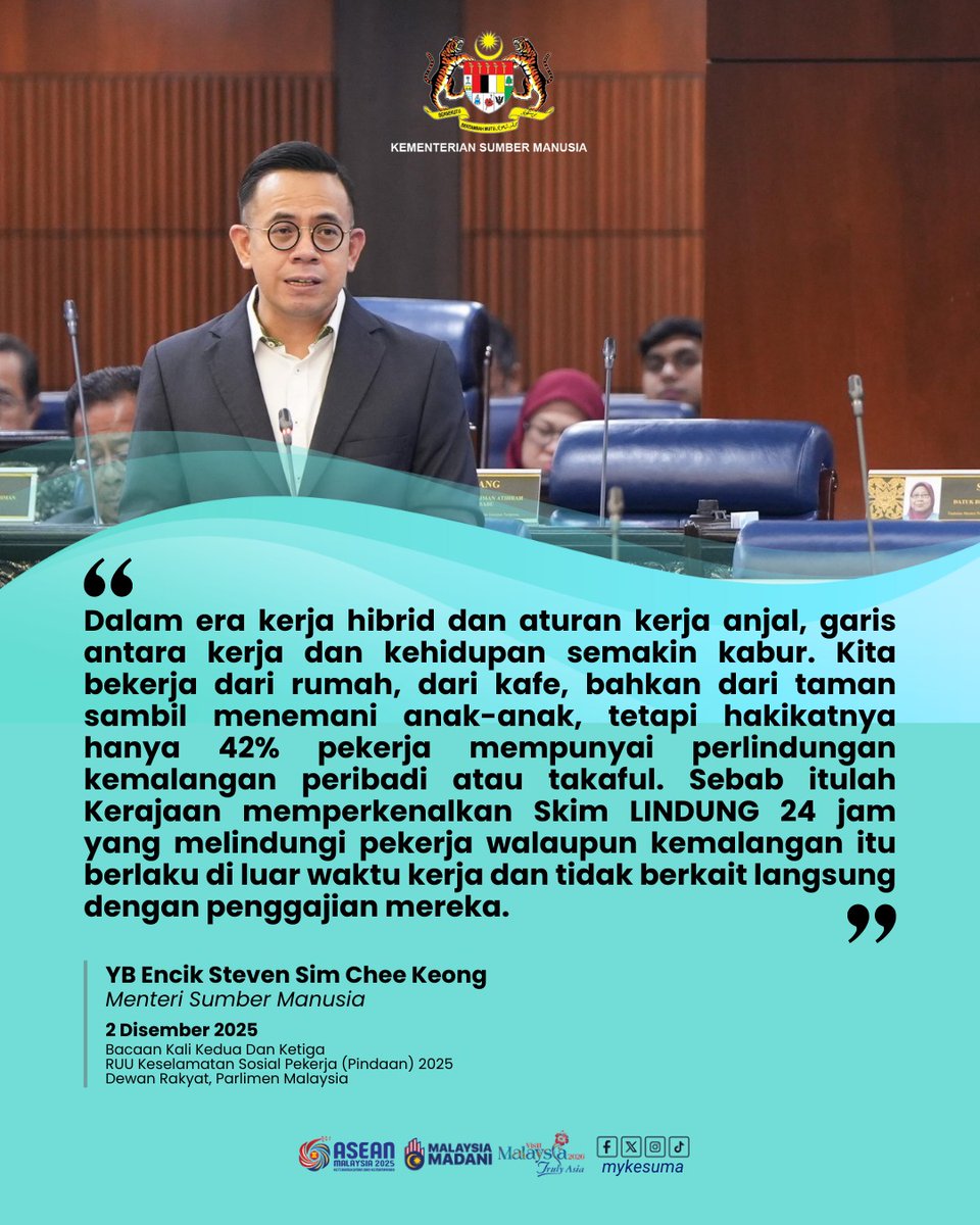 Perlindungan sosial pekerja kini diperkukuh!  

YB Menteri Sumber Manusia, Steven Sim Chee Keong menegaskan kepentingan Skim LINDUNG 24 Jam dalam era kerja anjal dan hibrid. Hanya 42% pekerja ada perlindungan kemalangan peribadi — skim ini hadir untuk tutup jurang itu.