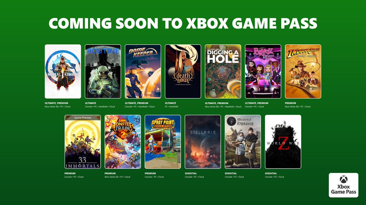 Última lista de jogos do Game Pass de 2025 traz 13 jogos disponíveis no xCloud!

Destaque para:
Mortal Kombat 1 (Ultimate e Premium)
Indiana Jones and the Great Circle  (Premium)
World War Z: Aftermath (Essencial)

Lista completa em agenda.cloudgamesbr.com
