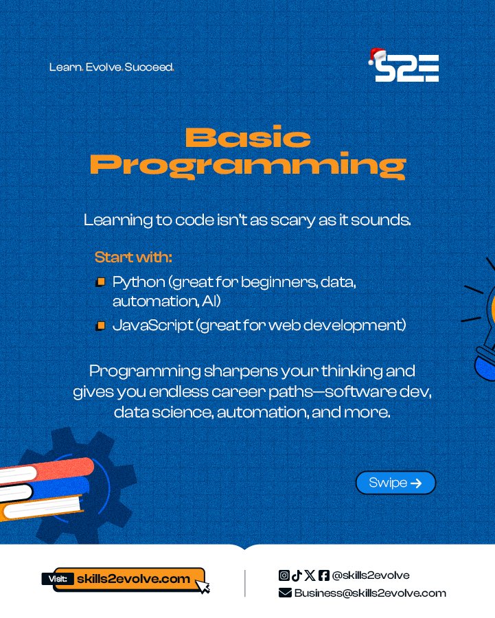 Skills2Evolve's tweet image. 👉🏾 Explore beginner-friendly resources at skills2evolve.com

#S2E #TechSkills #LearnTech #DigitalSkills #Upskill #TechBeginners #AI #Cybersecurity #CloudComputing #ProgrammingBasics